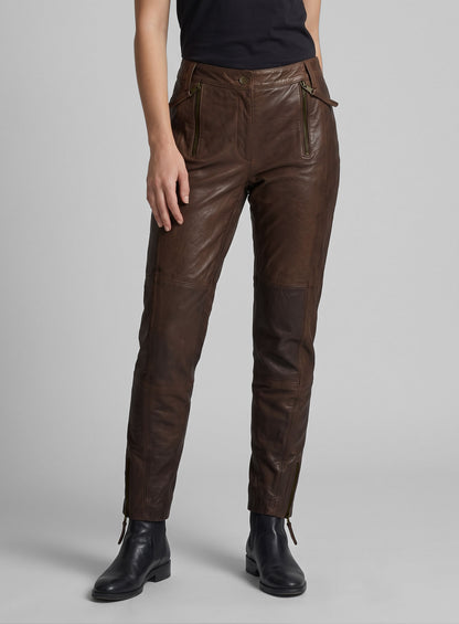 Spanish Brown Washed and Wax Leather Biker Jeans - Style #502
