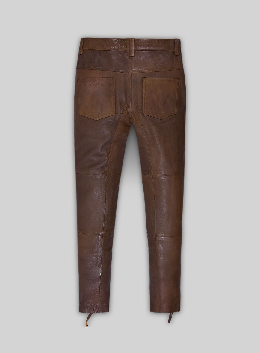 Spanish Brown Washed and Wax Leather Biker Jeans - Style #502