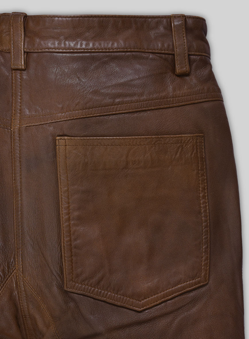 Spanish Brown Washed and Wax Leather Biker Jeans - Style #502