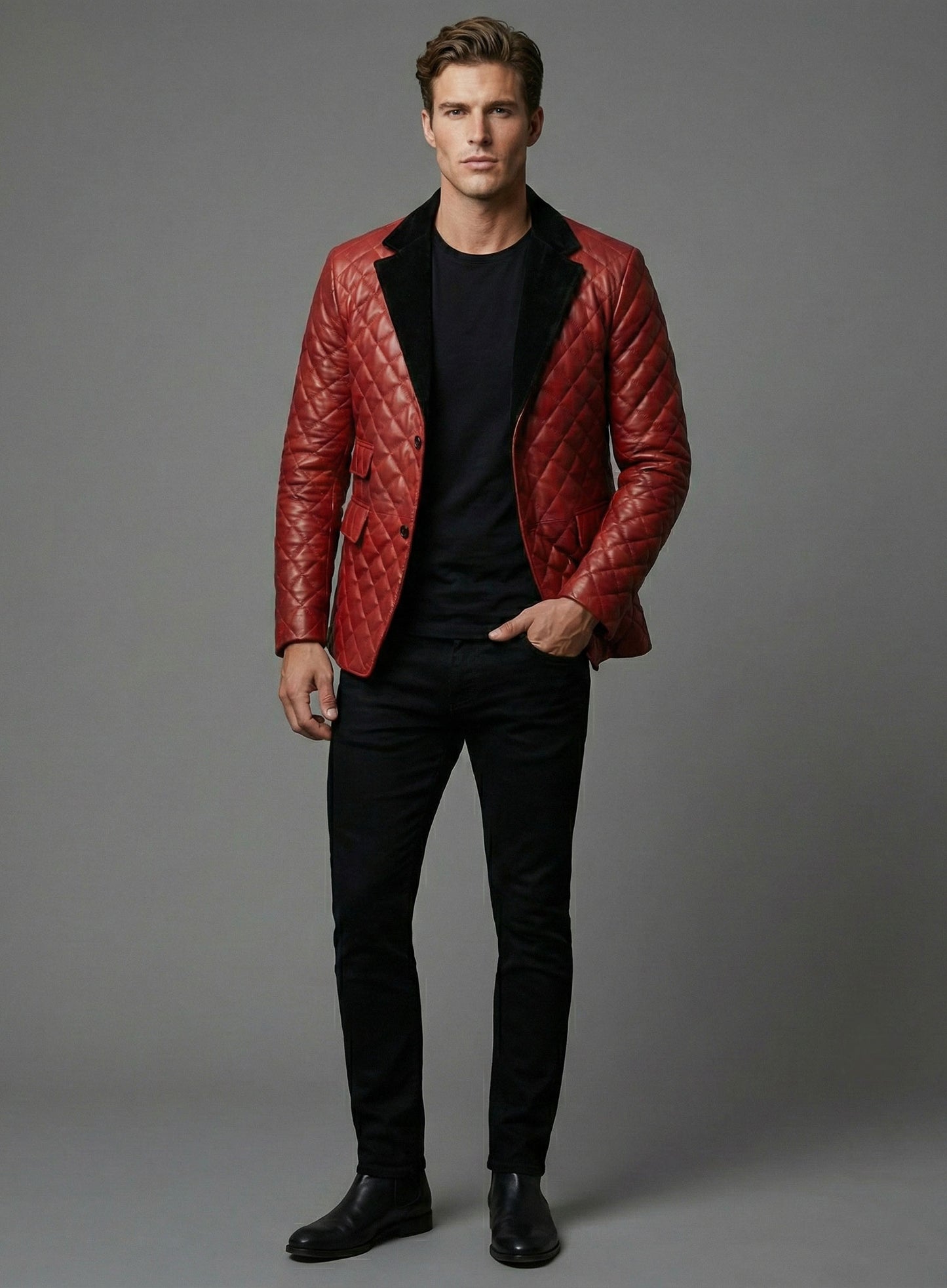 Spanish Red Bocelli Quilted Tuxedo Leather Blazer