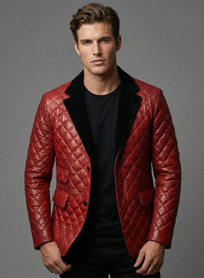 Spanish Red Bocelli Quilted Tuxedo Leather Blazer