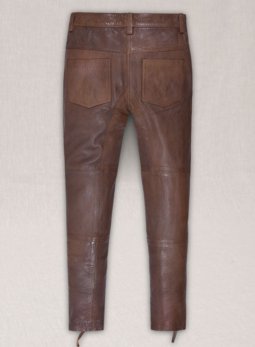 Spanish Brown Washed and Wax Leather Biker Jeans - Style #502 - LeatherCult
