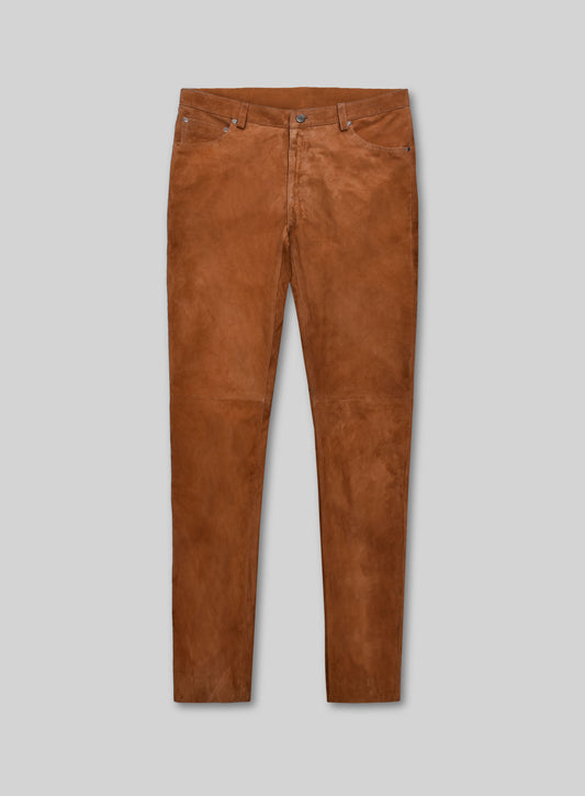 Front view of tan brown suede leather jeans, slim five-pocket cut