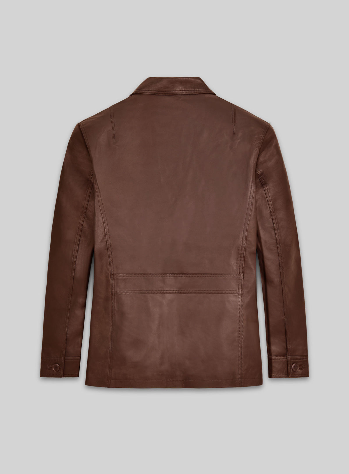 Back view of a tan brown leather blazer with back seams and cuff buttons