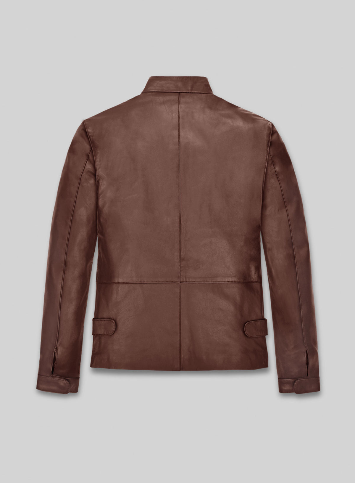Back view of a brown leather jacket with stand collar and side belt tabs