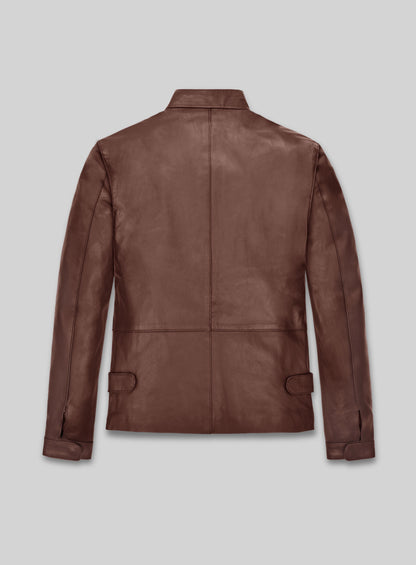 Back view of a brown leather jacket with stand collar and side belt tabs