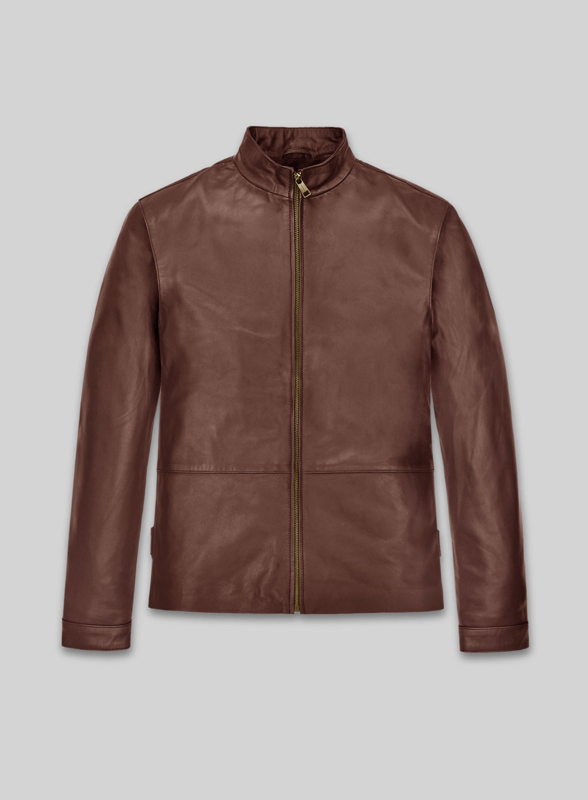 Front view of a brown leather jacket with stand collar and brass zip