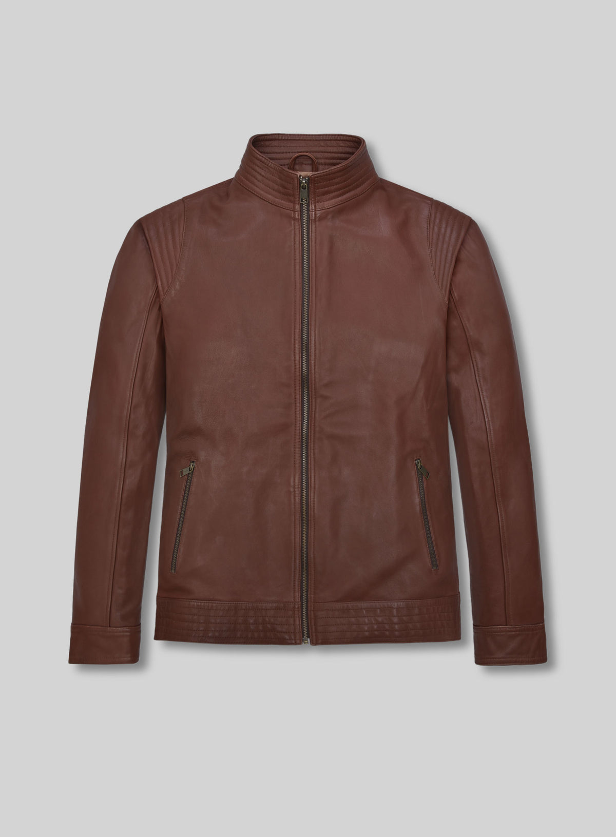 Front view of a tan brown washed wax leather jacket with stand collar and zip front