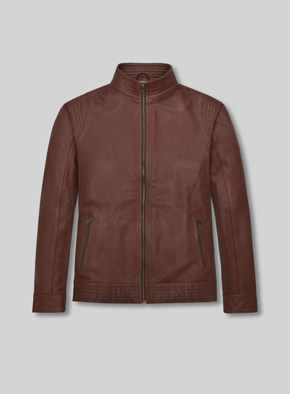 Front view of a tan brown washed wax leather jacket with stand collar and zip front
