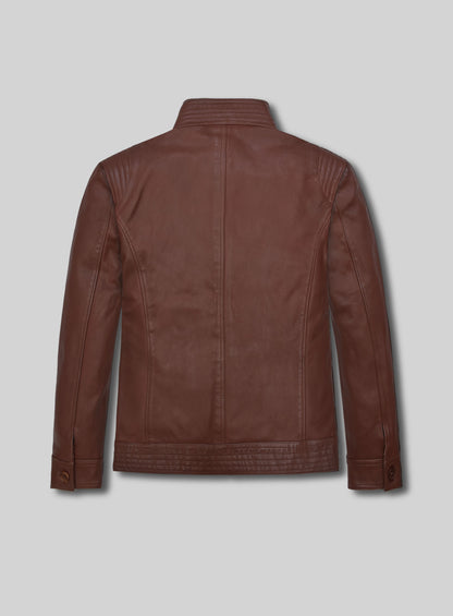 Back view of a tan brown washed wax leather jacket with quilted shoulders and button cuffs