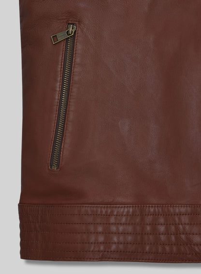 Detail of zip pocket and stitched hem on tan brown washed wax leather jacket