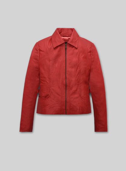 Front view of a red washed lambskin leather jacket with pointed collar and brass zip