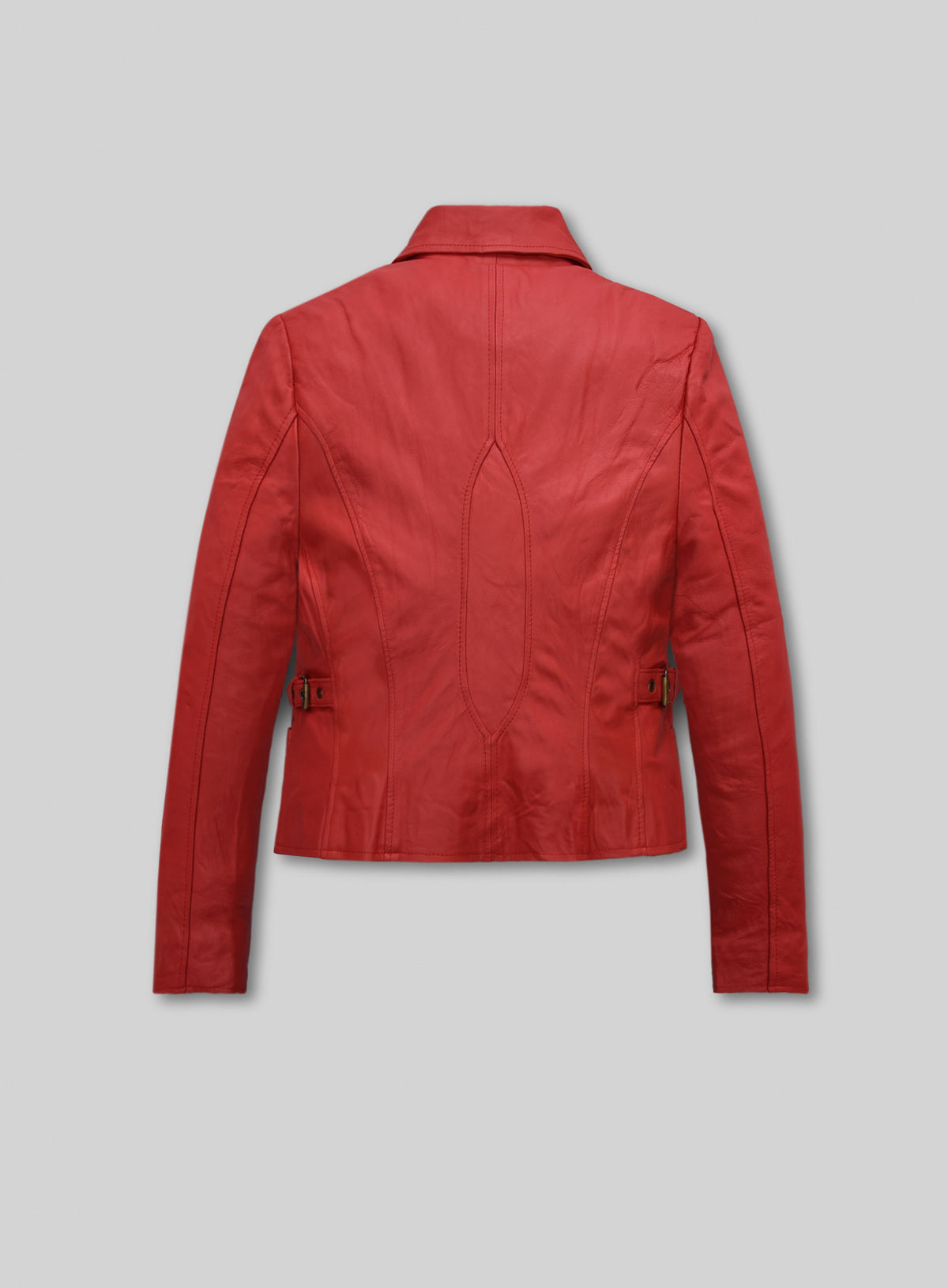 Back view of a red lambskin leather jacket with side buckle tabs and seamed back panel