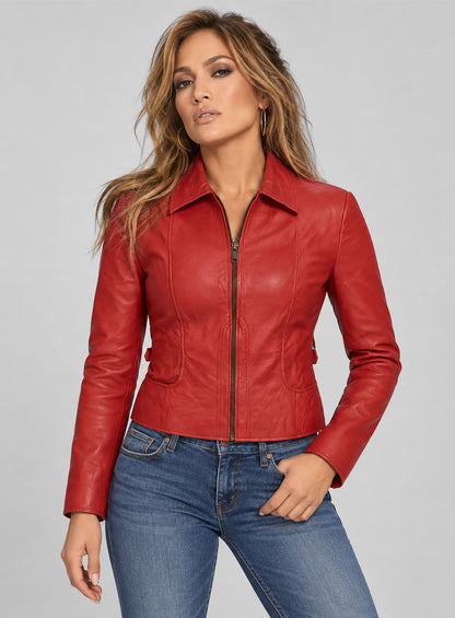 Woman wearing a red washed lambskin leather jacket with jeans, three-quarter front view