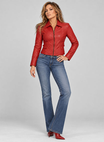 Full-length view of a woman wearing a red leather jacket with flared jeans and red heels