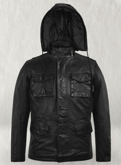 Black Military M-65 Hood Leather Jacket - LeatherCult