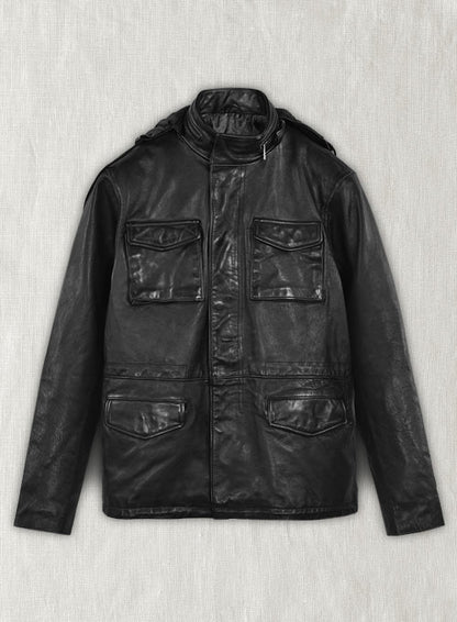 Black Military M-65 Hood Leather Jacket - LeatherCult