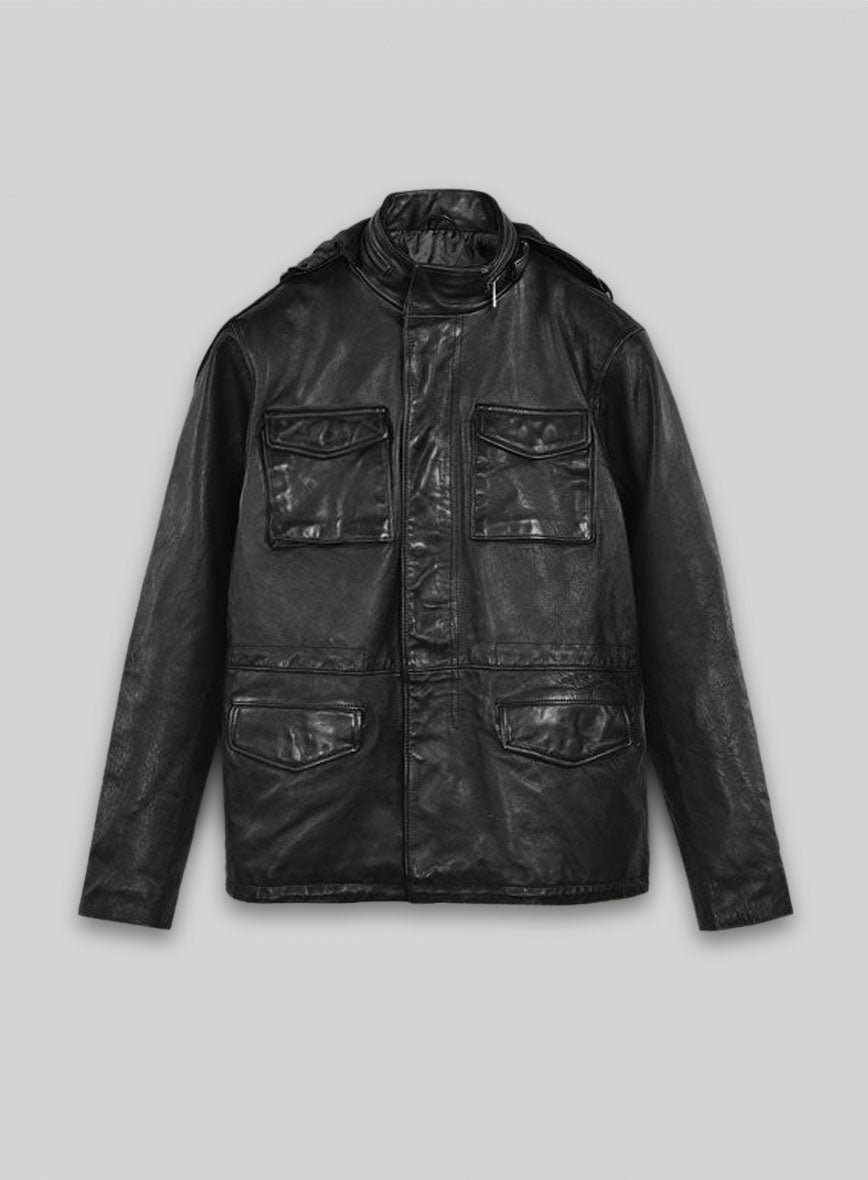 Black Military M-65 Hood Leather Jacket
