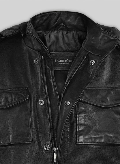 Black Military M-65 Hood Leather Jacket