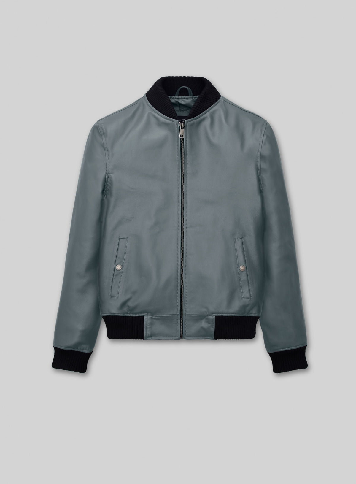 Front view of a grey leather bomber jacket with black ribbed collar and cuffs, Tom Cruise inspired