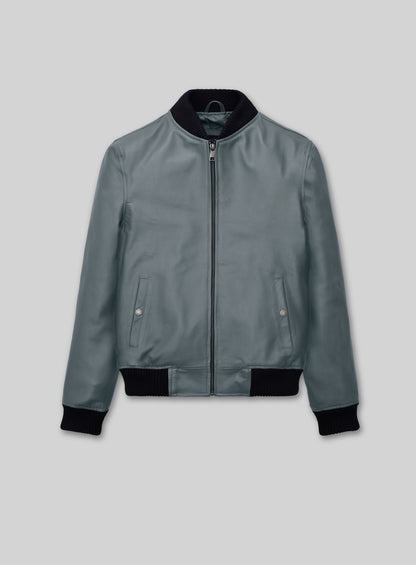 Front view of a grey leather bomber jacket with black ribbed collar and cuffs, Tom Cruise inspired