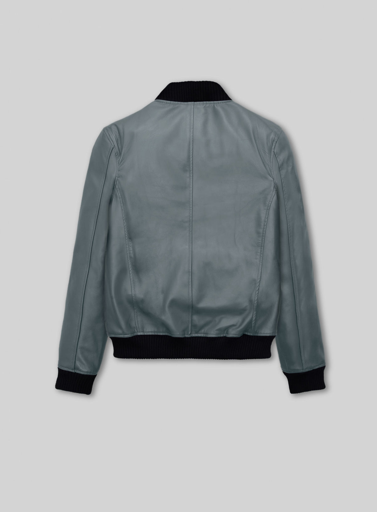 Back view of a grey leather bomber jacket with black ribbed collar and hem