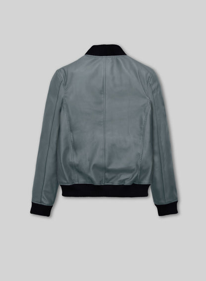 Back view of a grey leather bomber jacket with black ribbed collar and hem