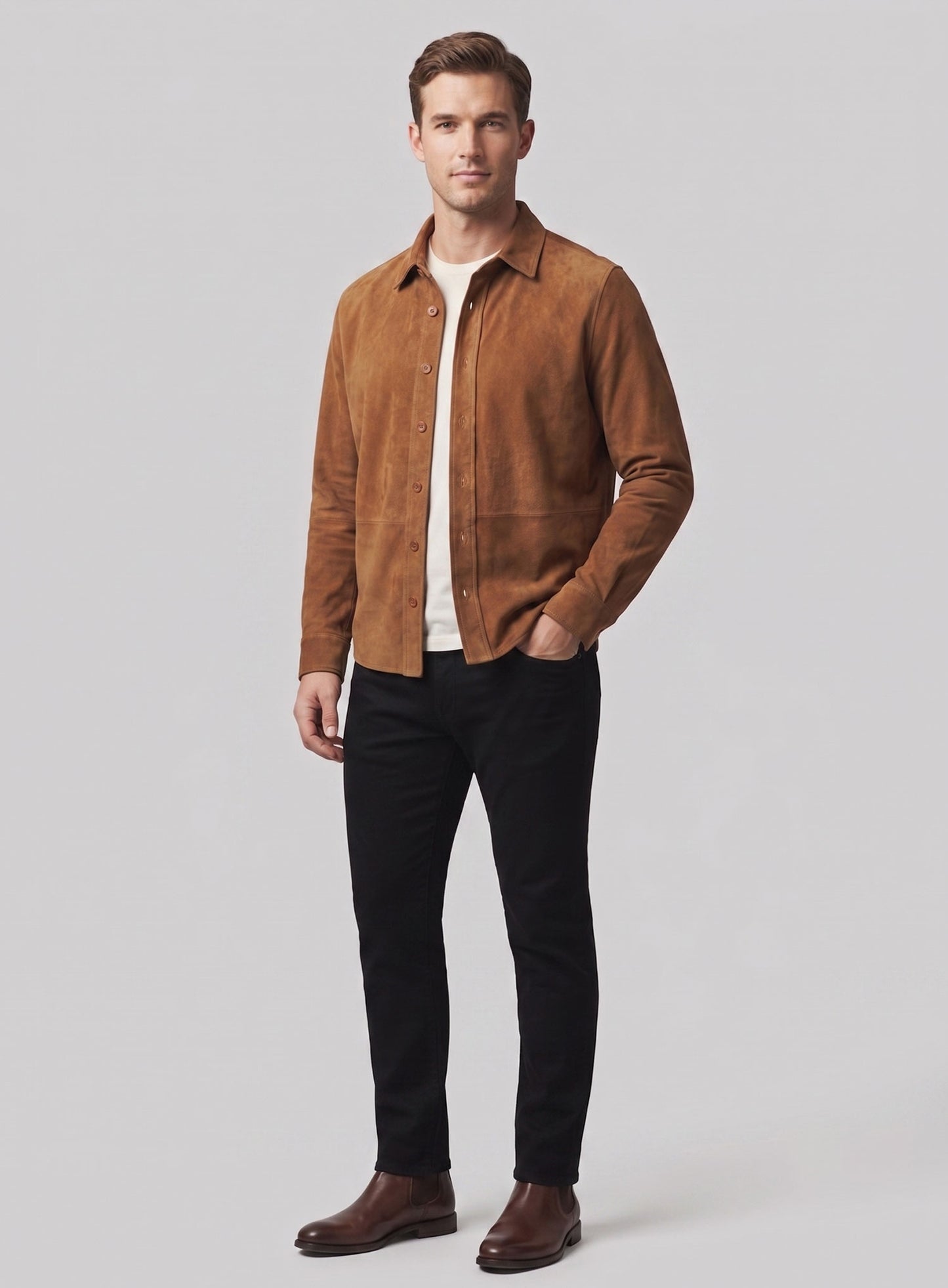 Unlined Caramel Brown Suede Leather Shirt