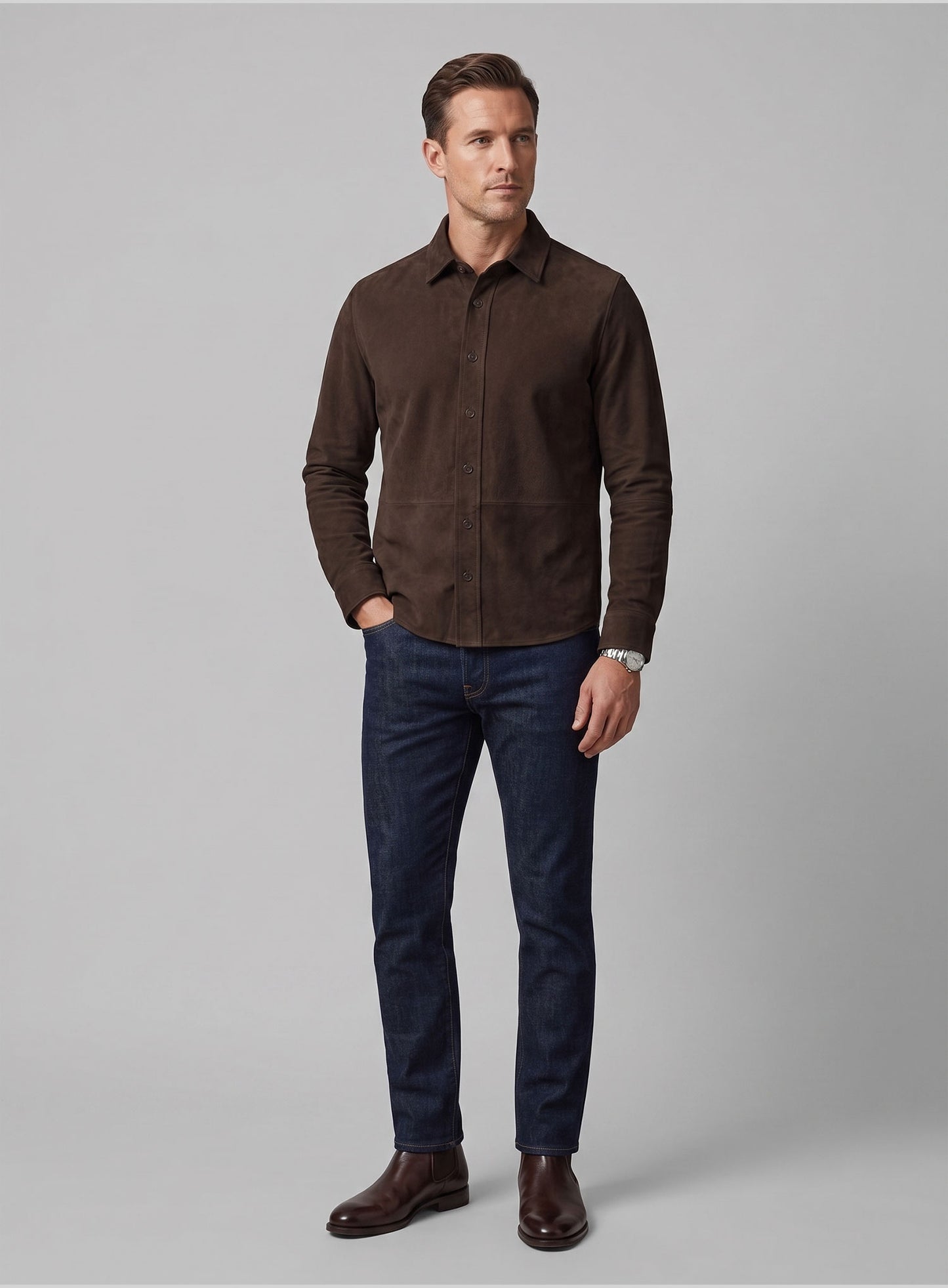Unlined Dark Brown Suede Leather Shirt