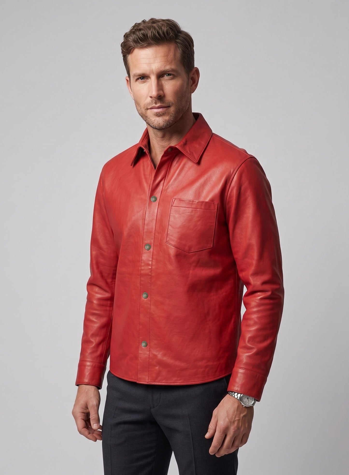 Unlined Soft Tango Red Leather Shirt