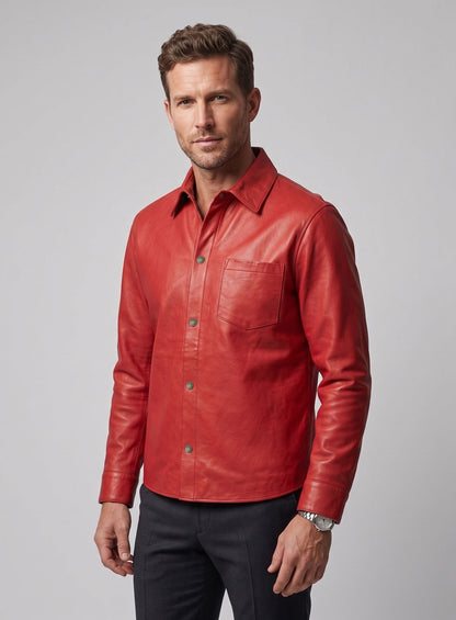 Unlined Soft Tango Red Leather Shirt