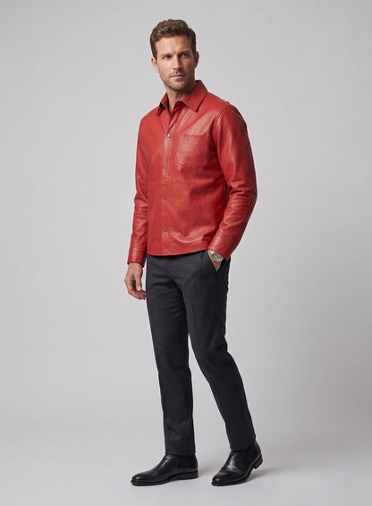 Unlined Soft Tango Red Leather Shirt