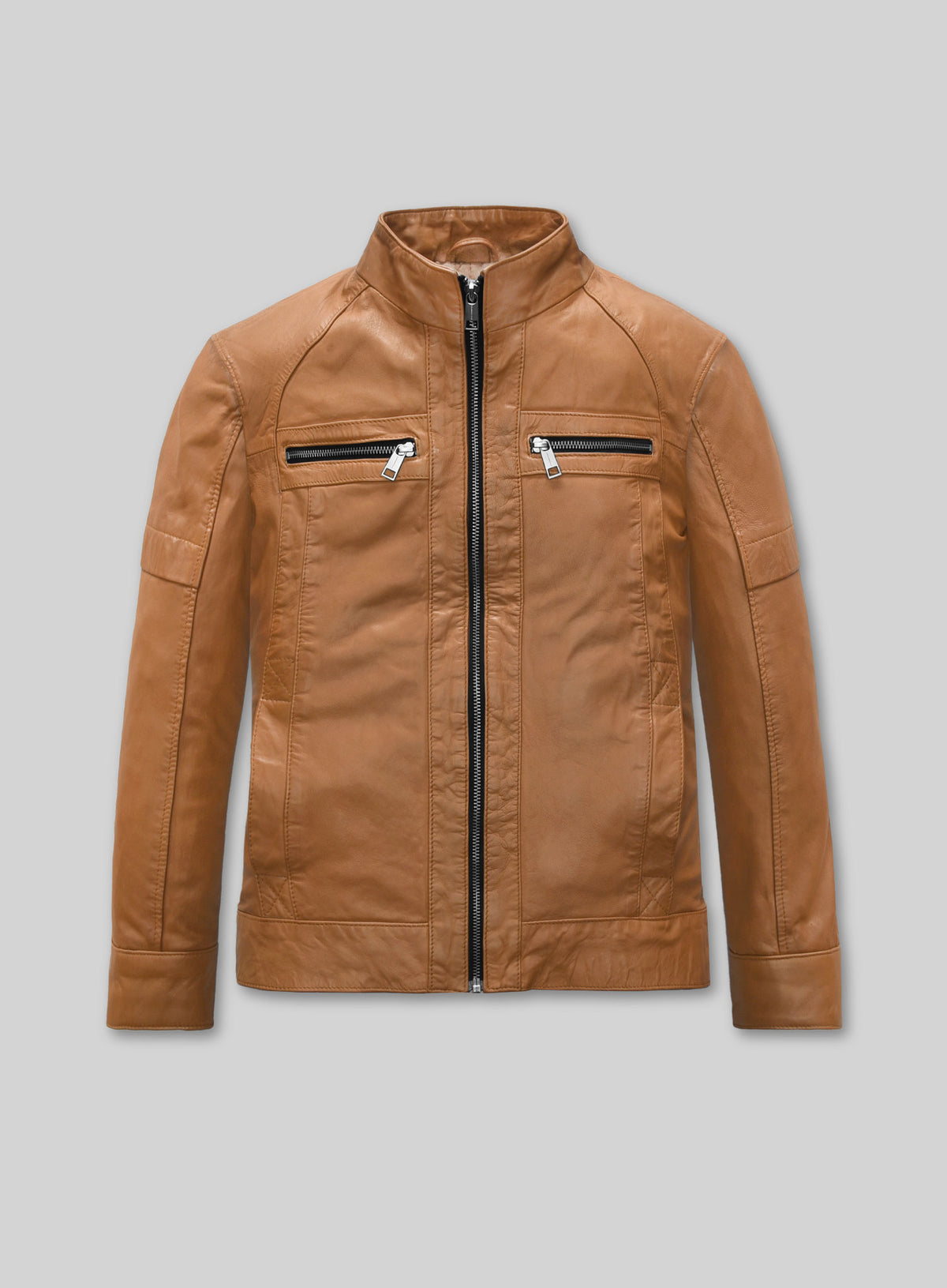 Front view of a tan leather jacket with raglan sleeves and zip chest pockets