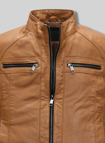 Close-up of tan leather jacket collar and zip chest pockets