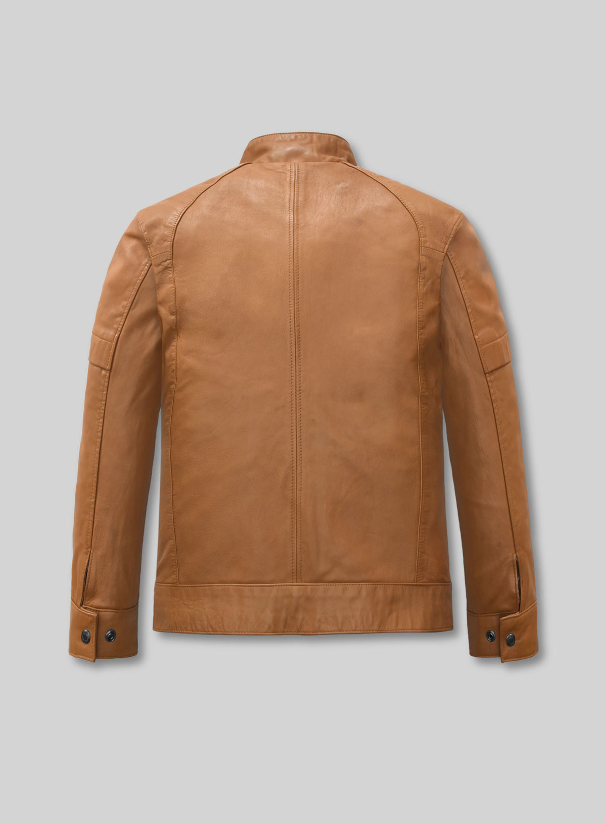 Back view of a tan leather jacket with centre seam and snap cuffs