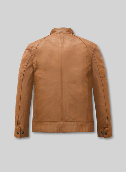 Back view of a tan leather jacket with centre seam and snap cuffs