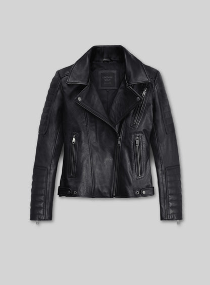 Front view of a black women's leather biker jacket with zip pockets and belted hem tabs