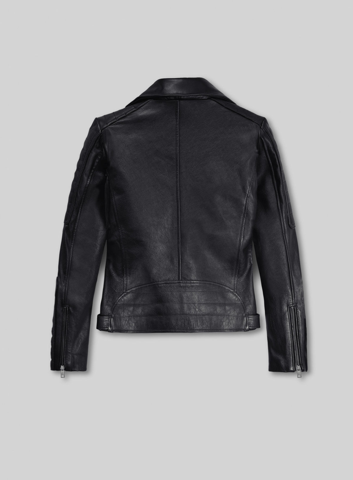 Back view of a black leather biker jacket with quilted shoulders and zip cuffs