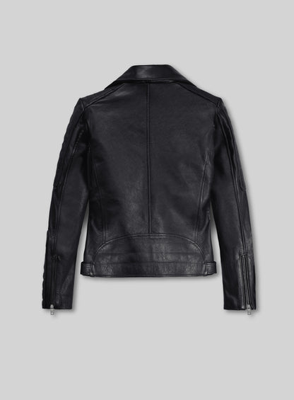 Back view of a black leather biker jacket with quilted shoulders and zip cuffs