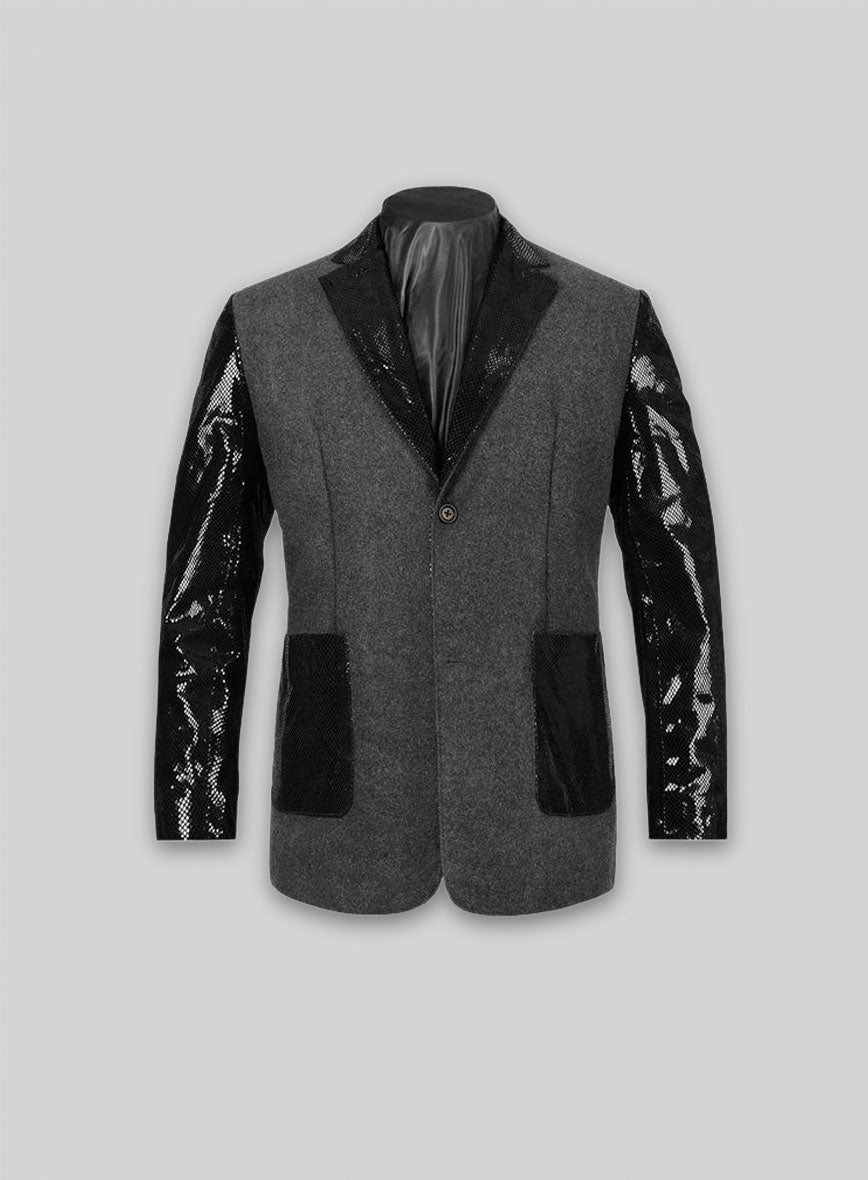 Vintage Plain Dark Gray Tweed Leather Combo Blazer # 652