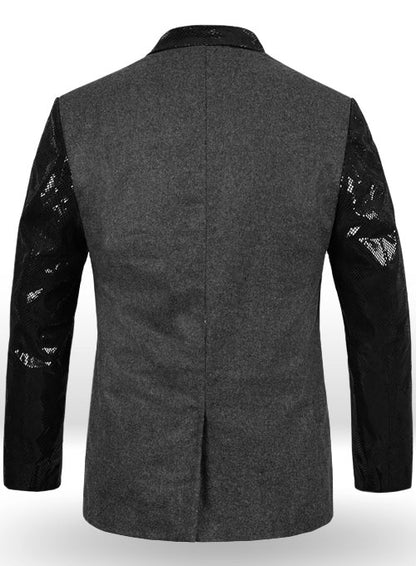 Vintage Plain Dark Gray Tweed Leather Combo Blazer # 652 - LeatherCult