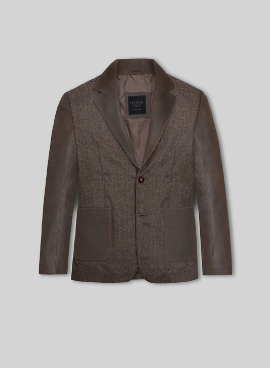 Vintage Dark Brown Herringbone Tweed Leather Combo Blazer # 652