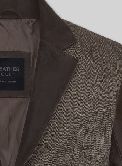 Vintage Dark Brown Herringbone Tweed Leather Combo Blazer # 652