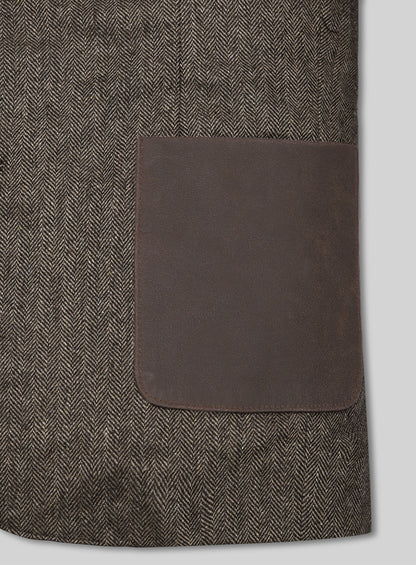 Vintage Dark Brown Herringbone Tweed Leather Combo Blazer # 652