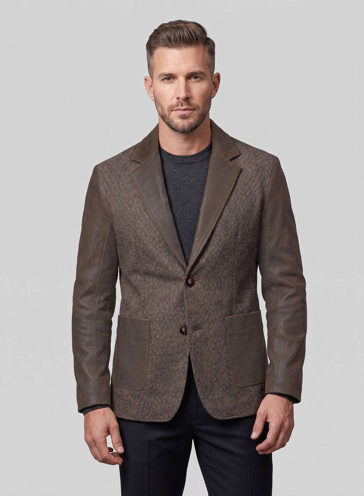 Vintage Dark Brown Herringbone Tweed Leather Combo Blazer # 652