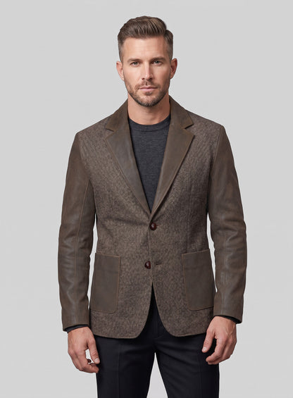 Vintage Dark Brown Herringbone Tweed Leather Combo Blazer # 652