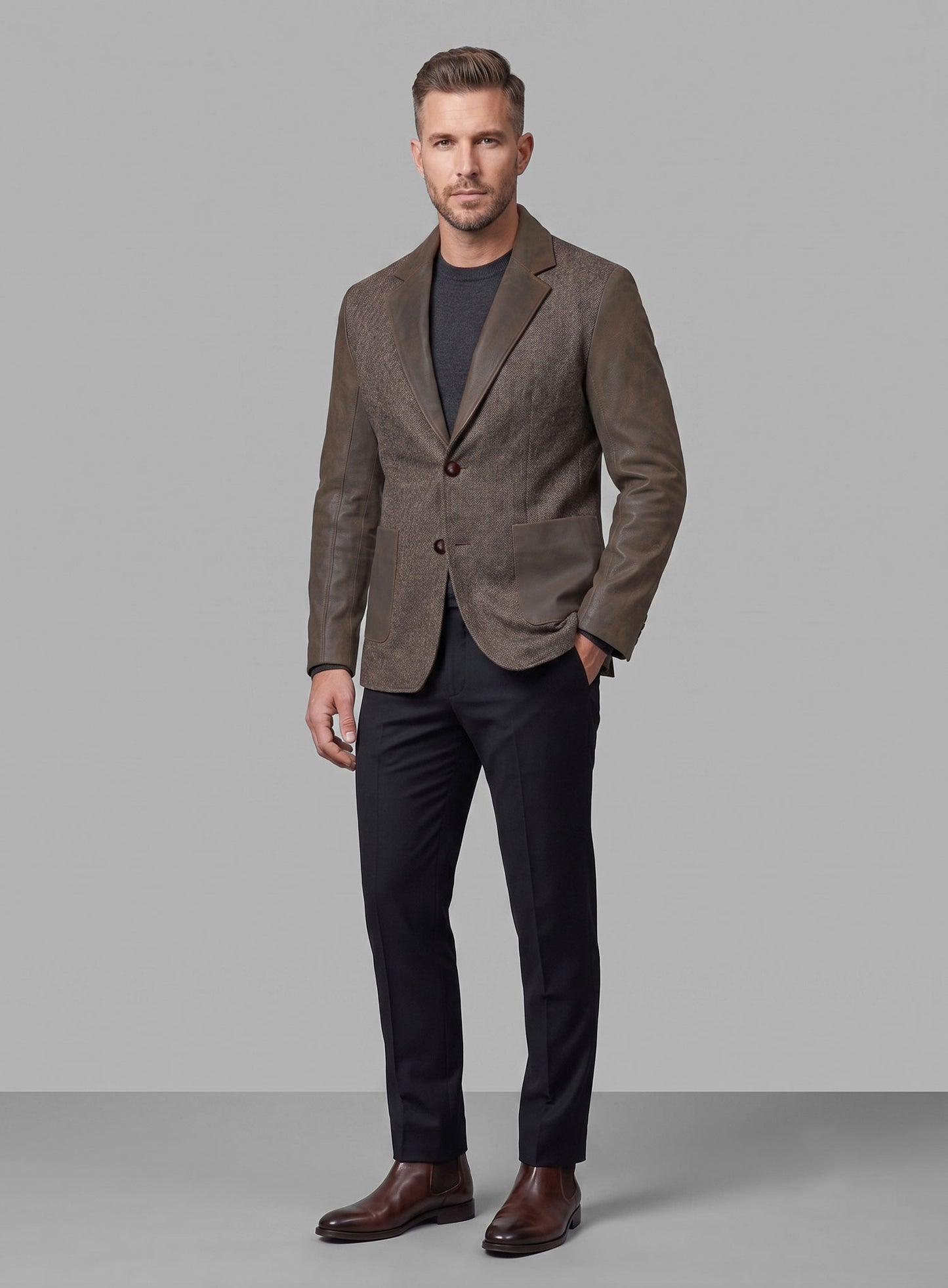 Vintage Dark Brown Herringbone Tweed Leather Combo Blazer # 652