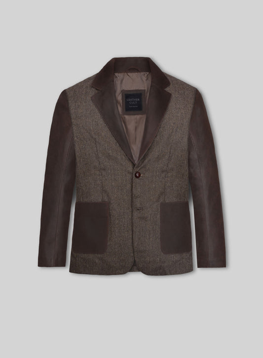 Vintage Dark Brown Herringbone Tweed Leather Combo Blazer # 652