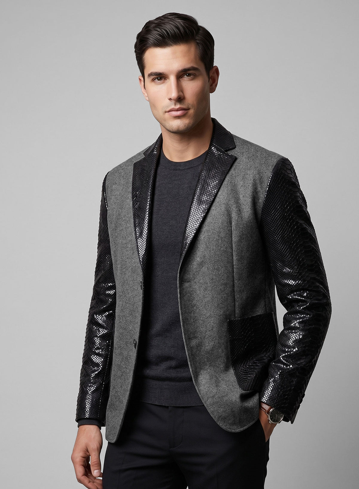 Vintage Plain Dark Gray Tweed Leather Combo Blazer # 652