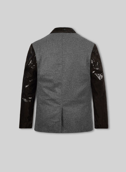 Vintage Plain Dark Gray Tweed Leather Combo Blazer # 652